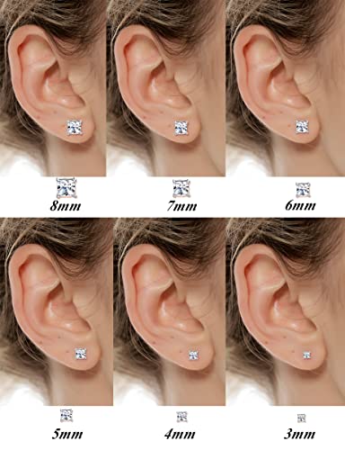 Tornito 6 Pairs 20G Stainless Steel Stud Earrings Square Cubic Zirconia Earring Set For Men Women 3MM-8MM Silver Tone2