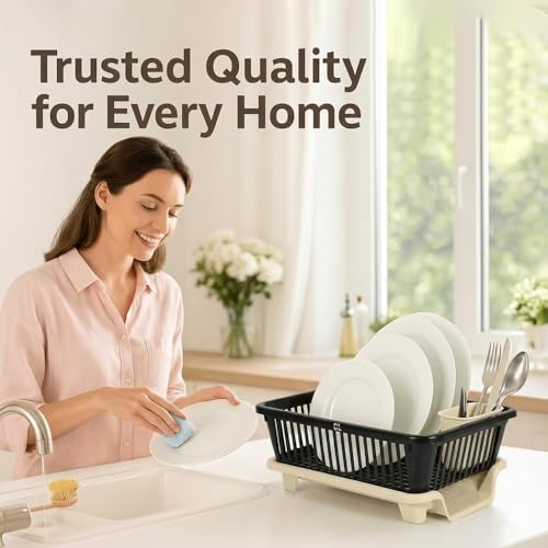 Image of Plastic Kitchen Dish Drainer Rack with Drying Tray & Cutlery Holder | 23 x 46 x 56 cm Utensil Stand & Bartan Stand | Mesh Design Dish Drying Basket Organizer for Kitchen Counter - Cream