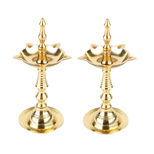 Image of Klassic 5 Inch Pure Brass Fancy Kerala Diya Oil Lamp Stand (Vilakku) | Traditional Deepam for Mandir & Temple Use | Ideal for Diwali, Navratri & Daily Worship | Set of 2