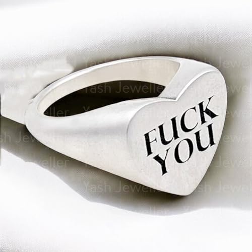 Fuck You Ring, 925 Sterling Silver Heart Signet Ring, Bold Statement Jewelry for Men, Edgy Rebellious Attitude Ring, Punk Rock Middle Finger Ring, Personalized Engraved Silver Ring2