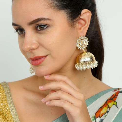 Ethnic Indian Gold-Toned Pearl and Kundan Stone Jhumka Earrings for Women2