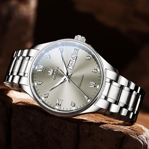 Image of OLEVS Automatic Watches for Men Self Winding Mechanical Wristwatch Luxury Business Dress Stainless Steel Luminous Waterproof Calendar Mens Watch