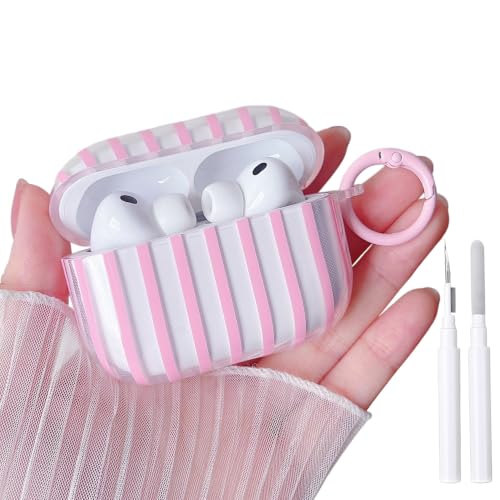 Image of MINSCOSE for AirPods Pro 3rd Generation Case,Cute Striped Aesthetic Pattern Design with Trendy Keychain Ring,Soft TPU Protective Shockproof Cover with Cleaner Kit for Airpods Pro 3-Clear Pink
