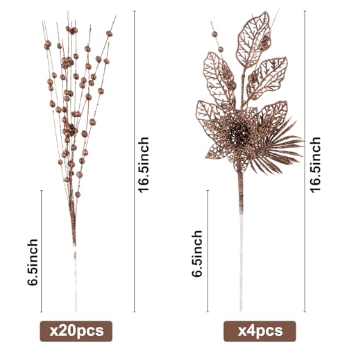 CristBest 24 Pack Christmas Tree Ornaments - Artificial Flowers Glitter Berry Stems Christmas Floral Picks Branches for Xmas Tree Decorations Vase Filler Holiday Wedding Party Home Decor (Brown) - image 2