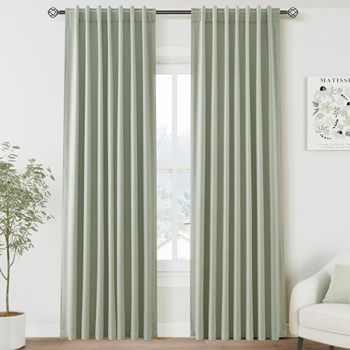Image of Nanspring Mist Sage 100% Blackout Linen Curtains for Bedroom 84 Inch Length 2 Panels Set Back Tab Thermal Insulated Boho Black Out Curtain for Living Room Cortinas Blackout para Dormitorio 52x84