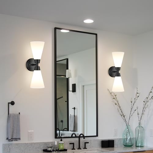Image of Bathroom Sconces Set of 2, Matte Black Wall Sconces Set of Two, Bathroom Vanity Light with Milk Glass Shade, Modern Wall Light Fixtures for Bath Mirror Hallway Bedroom Living Room Kitchen, Hardwired