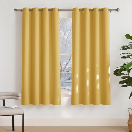PONY DANCE Cortinas de Cocina Modernas Cortinas Amarillas Cortinas Opacas Termicas Aislantes Frio y Calor con Ojales Cortinas Foscurit 2 Piezas, 140x175 CM, Amarillo