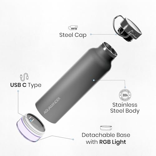 Image of Aquaminder Smart Water Bottle | RGB LED Glow & Timer Hydration Reminder with BT Mobile Phone Connection, Thames with App 600 ML (Grey)