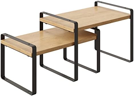 HILINSIE Cabinet Organizer Shelf- Set of 2 Kitchen Counter Shelves, Expandable Spice Racks, Stackable Counter Top Shelf, Engineered Wood and Metal, 7.7 x 11.6 x 14 Inches, Natural and Black
