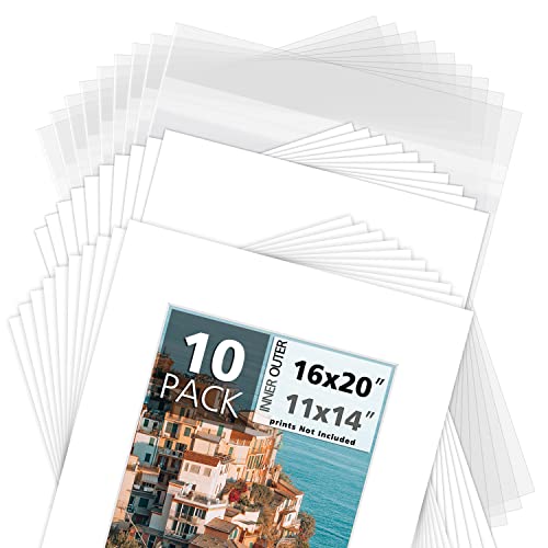Mat Board Center, Acid-Free Pre-Cut 16X20 Picture Mat Set. Includes A Pack Of White Core Bevel Cut Mattes For 11X14 Photos, Backers & Clear Bags (White, 10-Pack) #TOP17