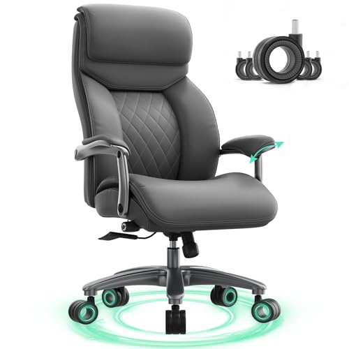 Image of Big and Tall Office Chair with Wide Area Armrest, 600lbs Heavy Duty Desk Chair with Adjustable Lumbar Support, PU Leather High Back Ergonomic Executive Computer Chair with 3'' Silent Casters