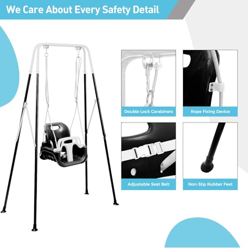 Image of FUNLIO 3-in-1 Toddler Swing Set with 4 Sandbags, Indoor /Outdoor Baby Swing with Foldable Metal Stand, Kids Swing Set for Backyard, Clear Instructions, Easy to Assemble & Store - Black