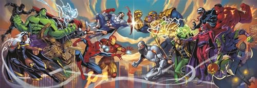 Clementoni - Puzzle adulto 1000 peças Panorama Marvel Heroes Vs Villa Compact Box, personagens Avengers, 37056