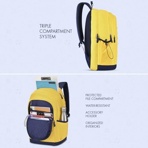 Image of Tommy Hilfiger Student School Bag & University Backpack Coral - Yellow+Navy | Durable Water-Resistant Polyester with Premium Embroidery | Multi-Utility Organiser & Rain Cover | 33L Capacity