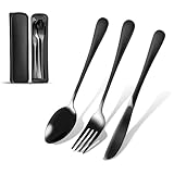  Set de Couverts Réutilisables en Acier Inoxydable avec Étui de Transport – Fourchette, Couteau & Cuillère – Léger, Durable, Écologique – Ideal pour Pique-Niques, Randonnées et Repas Nomades (Noir)