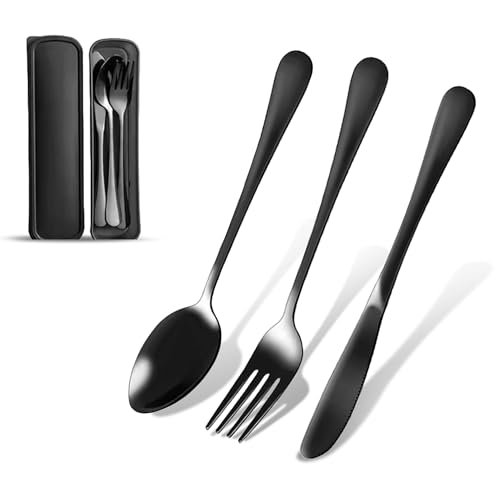 Set de Couverts Réutilisables en Acier Inoxydable avec Étui de Transport – Fourchette, Couteau & Cuillère – Léger, Durable, Écologique – Ideal pour Pique-Niques, Randonnées et Repas Nomades (Noir)
