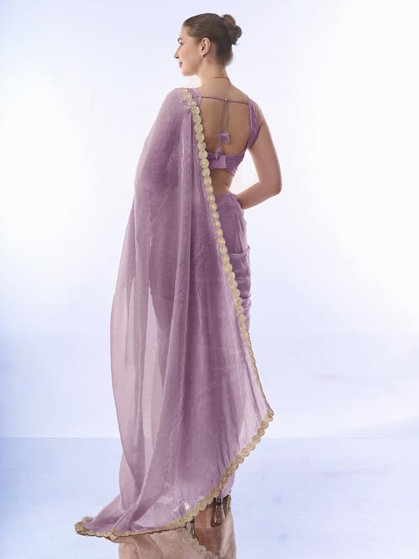 Image of ORHANS Women's Chiffon Saree with Unstitched Blouse Piece Solid Pattern and Laced Border | Lightweight Sarees for Woman | Plain Saris Daily Use | Womens Saree Modern Pattern| Stylish Saree