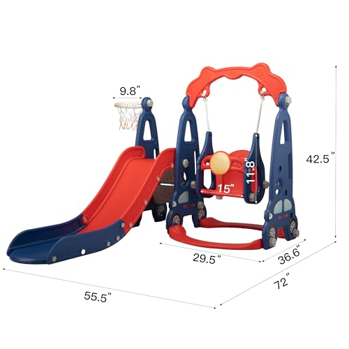 4 in 1 Slide Climber Swing Set, Freestanding Toddler Slide Climber Playset with Basketball Hoop, Toddler Playground Indoor Outdoor, Easy Setup (Red)