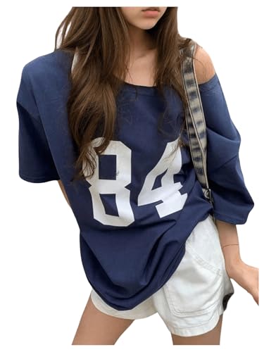 Girl's Off The Shoulder Tops Number Graphic Jersey Shirts Short Sleeve Oversized T Shirts Y2k Tops