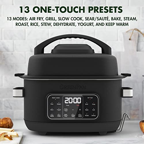 GreenPan-Matte-Black-13-in-1-Air-Fryer-Slow-Cooker-Grill-Presets-to-Steam-Saute-Broil-Bake-and-Cook-Rice-Healthy-Ceramic-Nonstick-and-Dishwasher-Safe-Parts-Easy-to-use-LED-Display