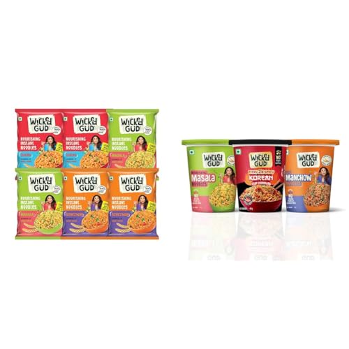Image of WickedGud Nourishing Instant Noodles Range, Pack of (69 gm x 6) | Whole Wheat | Whole Wheat | No + WickedGud Cup Noodles Variety Pack of 3 | Fiery Korean | Masala | Manchow | High Fiber | Source