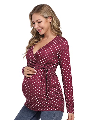 KOJOOIN Camiseta de lactancia de maternidad de manga corta con cuello en V, parte superior de lactancia materna plisada frontal, ropa de maternidad, túnica de embarazo, Wine Red-03, S