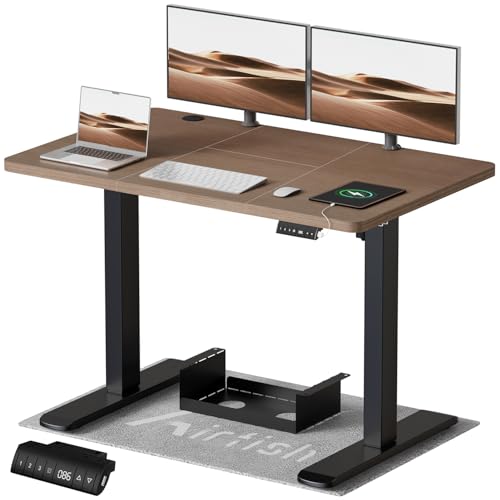 Airfish Höhenverstellbarer Schreibtisch mit USB-Buchse, Elektrisch Schreibtisch mit Kabelwanne, Computertisch, Bürotisch, Stehpult mit Erinnerung an sitzende Tätigkeiten, 120 x 70 cm, Nussbaum