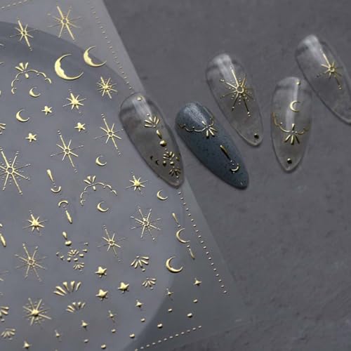 Moon Star Nail Art Stickers 3D Gold Nail Stickers Gold Moon Nail Decals Luxury Stickers for Nails Designs Self-Adhesive Nail Art Supplies for Women Girls DIY Manicure 1 Sheets