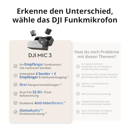 DJI Mic 3 (2 Sender + 1 Empfänger + Ladeschale), Funkmikrofon für iPhone/Kamera/Android, Ultraleicht, Adaptive Gain-Steuerung für ausgewogene Lautstärke, 28 Std. Nutzung, Vlog