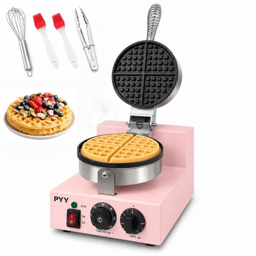 Image of PYY Commercial Waffle Maker, 1200W Professional Waffle Maker Commercial with Nonstick Plates, 122F-572F Temp Control, 5-Min Timer, Cool Touch Spring Handle, Home Kitchen Cafe Restaurant, Pink