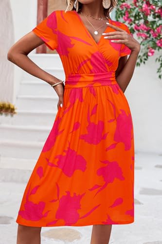 Image of Newshows Womens Summer Short Sleeve Casual Dresses V Neck Floral Vacation Sundress Faux Wrap Midi Dress with Pockets