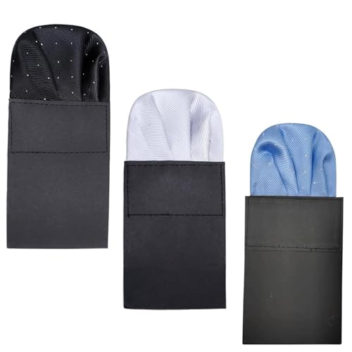 HARY Herren Einstecktuch Set - 3 Stück Vorgefaltete Seiden-Einstecktücher mit Halter | Elegantes Design für Anzug & Smoking | Schwarz & Weiß | Formstabil & Perfekt Sitzend