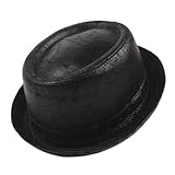 C.W.USJ Men's Black Leather Pork Pie Fedora Hat for Gentleman Bowler Gambler Top Hat (Color : Black, Size : 58-59cm)