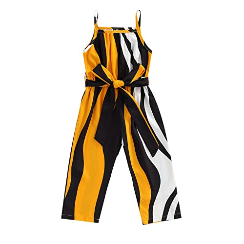 Yoiwhaayo Toddler Baby Girl Striped Jumpsuit Summer Sleeveless Straps Suspender Wide Leg Overall Romper with Belt Outfit (Orange,3-4T)