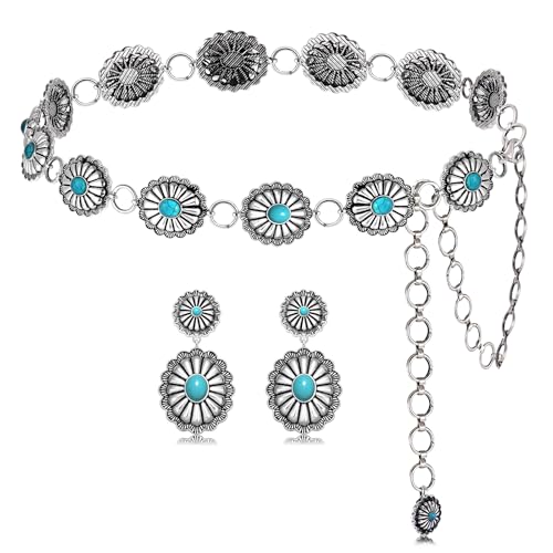 Western Concho Chain Belt -Country Cowgirl Silver MetalTurquoise Wrist Chain Belt Adjustable for Dresses Jeans