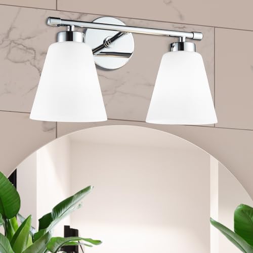 Image of Hamilyeah Modern Chrome Bathroom Vanity Light Fixture Over Mirror, 2 Light Vanity Lighting Fixture with Frosted Glass Shade, Silver Wall Sconce Lighting for Bath, Bedroom, Kitchen, Hallway