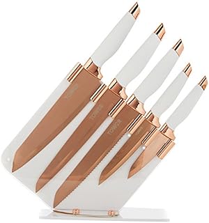 Tower T81532RW Damascus Effect Kitchen Knife Set with Stainless Steel Blades and Acrylic Stand, Rose Gold/White, 5 Piece