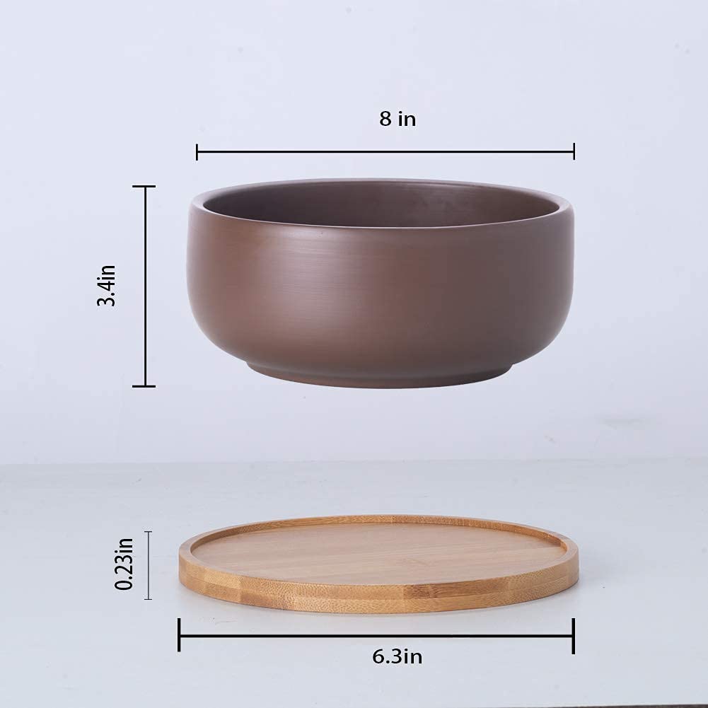 Thirtypot Terrakotta-Blumentopf 20,3 Cm Mit Ablaufloch & Bambus-Untersetzer – Flach, Ideal Für Sukkulenten