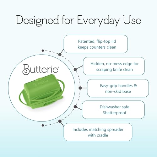 Image of Butterie Flip Top Butter Dish with Attached Lid & Matching Knife - Holds 2 Sticks, Fits Kerrygold /European Butter - BPA Free & Dishwasher Safe - Green