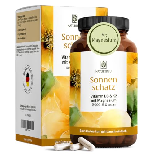 NATURTREU Vitamin D3 + K2 Depot 15 Monate Vorrat 5000 IE Vitamin D3 hochdosiert ohne Zusätze - Hochdosierte Kapseln - 99 7+% All-Trans K2-MK7 ergänzt durch Magnesium