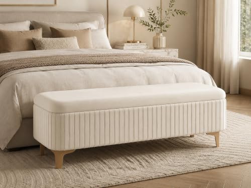Image of LEGACY OF COMFORT Qwen Velvet Upholstered Flip Top Storage Bench 2 Seater Sofa Upholstered Ottoman Bench with Storage for Living Room, Bedroom (Ivory)