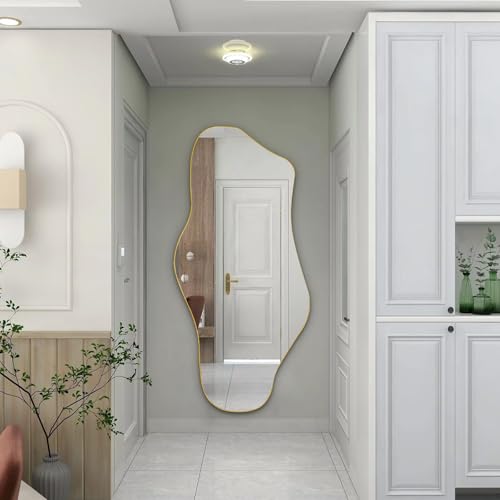 DAOYIJIAJU Irregular Mirror Full Length, 63.4"x29" Large Asymmetrical Mirror with Gold Metal Frame, Modern Abstract Wall Mirrors for Living Room Bedroom Entryway, Hangs Vertically or Horizontally