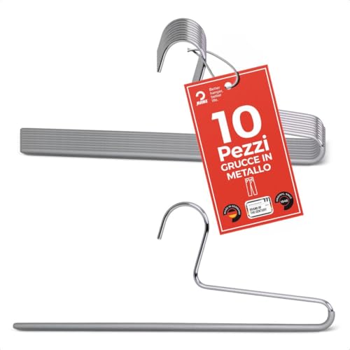 MAWA Grucce Pantaloni Sinistra, Set di 10 Grucce Salvaspazio, Ideali per Jeans, Pantaloni in Tessuto e da Completo, Barra con Rivestimento Antiscivolo, 35 cm, Argento