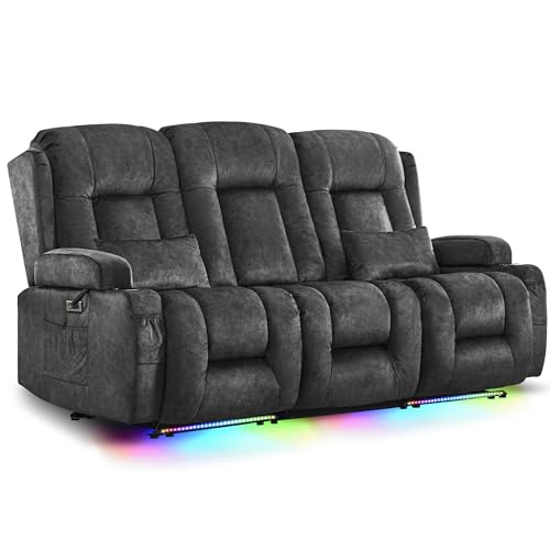 Image of URRED Power Loveseat Recliner Sofa with Massage and Heat, Wall Hugger Reclining Loveseat with Console, RV Couch Home Theater Seating with LED Lights for Living Room (Dark Grey, 76.8 inch - 3 Seats)