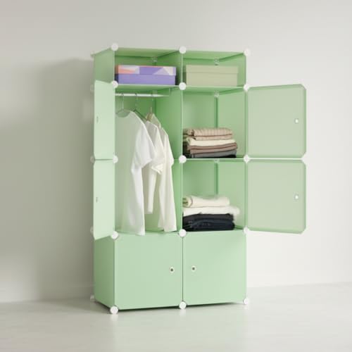 Image of Amazon Basics Plastic Modular Wardrobe Storage Cabinet for Home | 8 Cube Organizer with Doors | DIY Foldable Closet for Clothes, Toys & Essentials | Green with Stickers | 75 x 37 x 128 cm