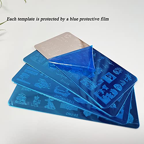 Nsshel 4 Pcs Summer Nail Stamp Template Kit With 1 Stamper 1 Scraper Nail Stamping Plates Dolphin Starfish Coconut Leaf Nail Art Templates Nail Stamper Stencil Plates Set Manicure Nail Supplies #TOP6