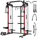 Mikolo Power Cage, 2000LB Power Rack with Independent Dual Pulley System, Multi-Function Home Gym Workout Machine for Cable Crossover (Red)