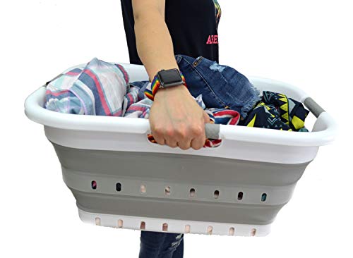 Image of SAMMART 41L (10.8 gallon) Set of 2 Collapsible 3 Handled Plastic Laundry Basket-Foldable Pop Up Storage Container /Organizer-Space Saving Hamper /Basket (2, White /Grey)