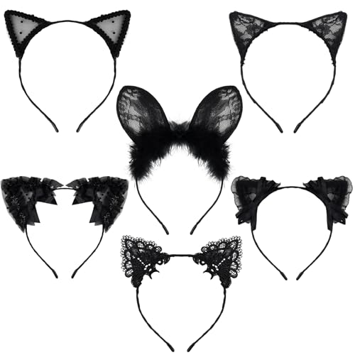 Fampery 6PCS Lace Cat Ears Headbands - Black Lace Headwear for Women Fashion - Black Fancy Dress Hair Band for Cosplay Costume Accessories Party Decoration for Age18+