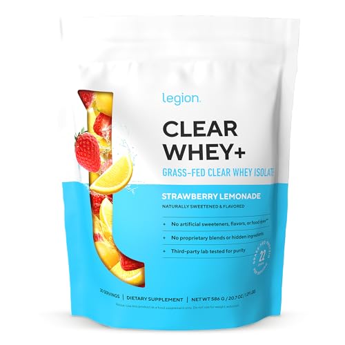 Image of LEGION Clear Whey+ Protein Isolate Powder-Naturally Flavored Strawberry Lemonade, 22g Protein with BCAAs,Zero Sugar & Lactose Free,Fast Digesting Grass-Fed Whey, Refreshing Protein Shake (20 Servings)